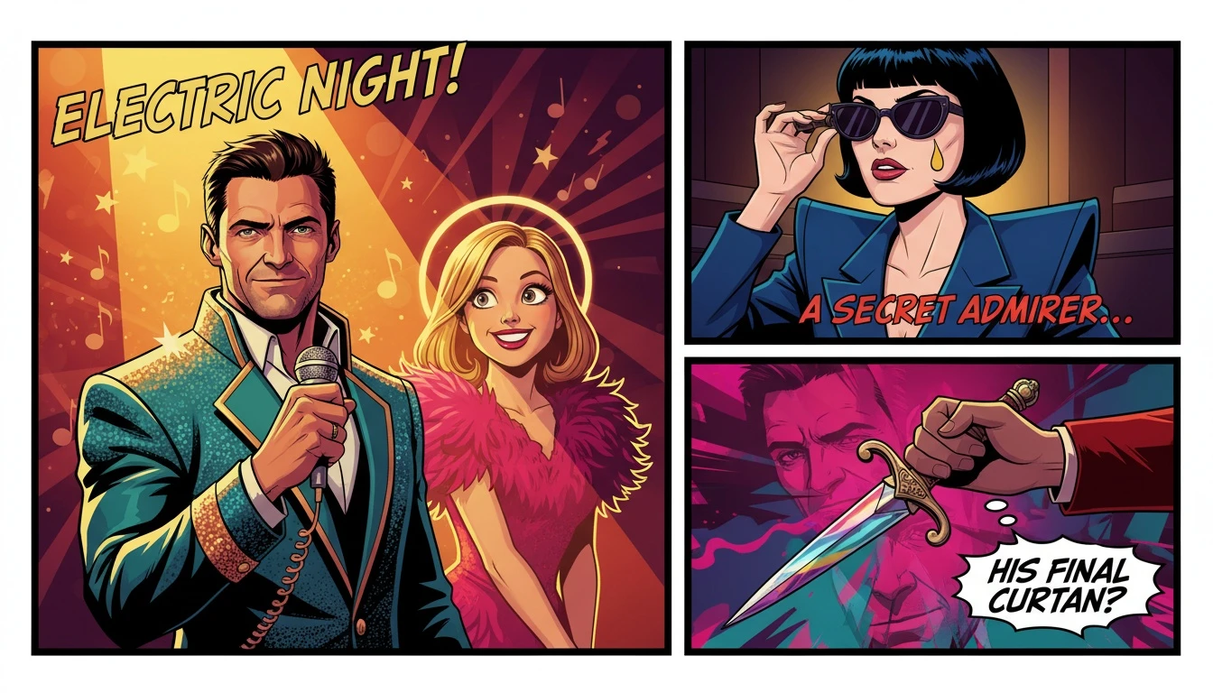 A charismatic Hugh Jackman on stage, capturing the joyful energy of the new Hugh Jackman Song Sung Blue movie. hugh-jackman-song-sung-blue-movie-bestie-ai.webp