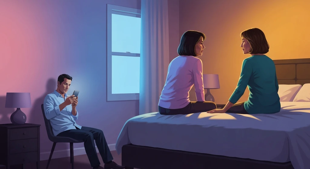 husband-ignores-my-feelings-bestie-ai.webp. A woman experiencing the isolation of feeling alone in marriage as her husband ignores my feelings, depicted in a moody, dimly lit bedroom.