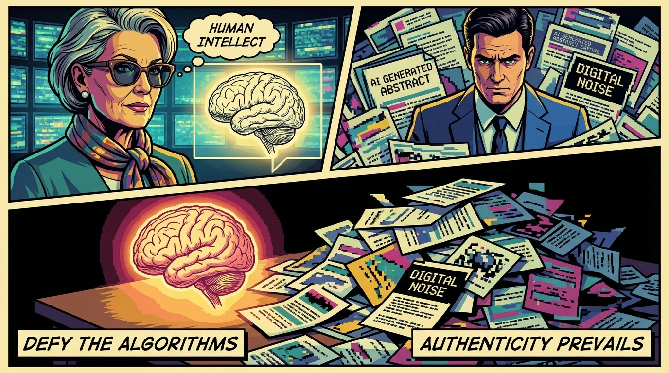 A symbolic image illustrating the impact of AI-generated content on academia, showing a glowing, hand-drawn brain of real research resting on a pile of glitchy, fake papers. Filename: impact-of-ai-generated-content-on-academia-bestie-ai.webp