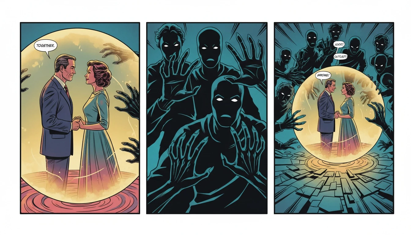 A couple protects their love from the negative impact of social pressure on relationships by standing together inside a glowing bubble, representing healthy boundaries. impact-of-social-pressure-on-relationships-bestie-ai.webp