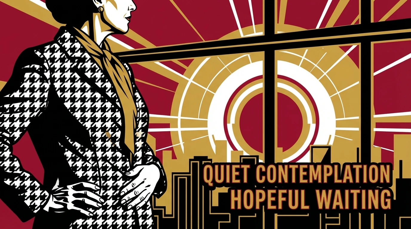 A woman in a calm room contemplating the difference between implantation cramping vs period cramping during early pregnancy, her hand resting on her stomach with a hopeful expression. filename: implantation-cramping-vs-period-cramping-bestie-ai.webp