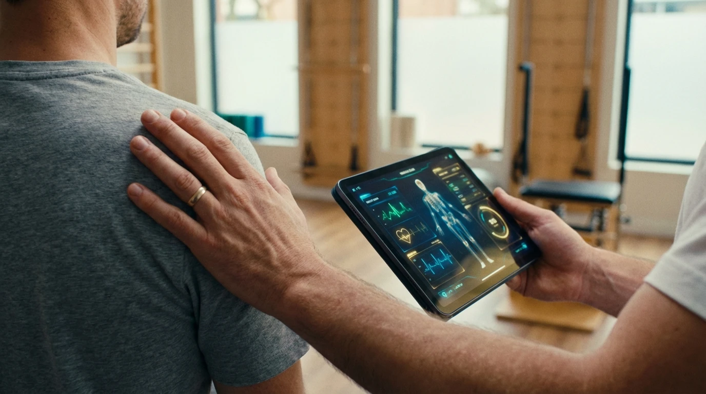 A therapist supports a patient while reviewing data on a tablet, illustrating the human-centric approach to implementing AI in a physical therapy practice. Filename: implementing-ai-in-physical-therapy-practice-bestie-ai.webp