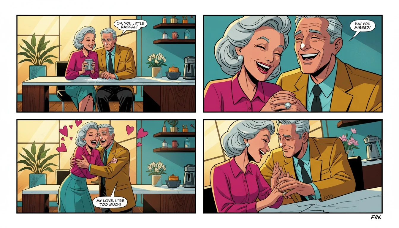 An older couple demonstrates the importance of humor in a long-term relationship by laughing together in their kitchen. filename: importance-of-humor-in-a-long-term-relationship-bestie-ai.webp