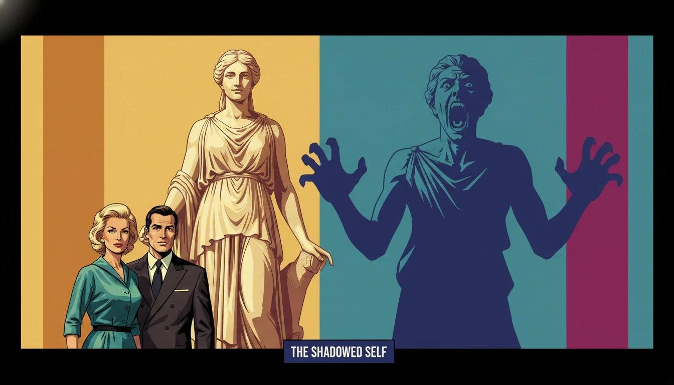 A symbolic image representing the inferior cognitive function in the grip, showing a calm statue whose shadow is a chaotic alter ego. filename: 'inferior-cognitive-function-in-the-grip-bestie-ai.webp'