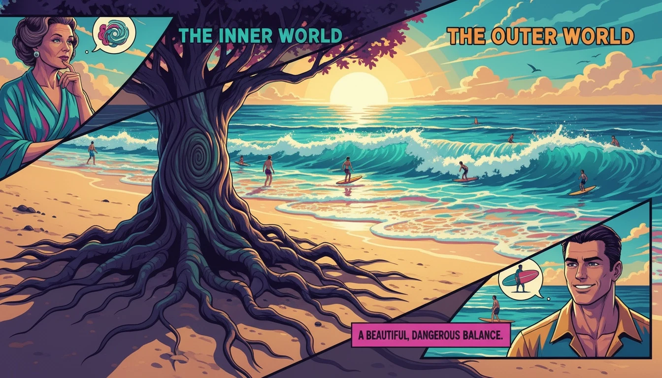 A symbolic image representing an infj and estp friendship, showing a deep-rooted tree on a vibrant, active beach to symbolize the balance of intuition and sensory experience. Filename: infj-and-estp-friendship-bestie-ai.webp