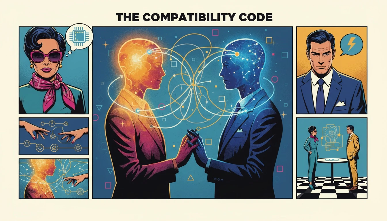 An artistic representation of an INFJ compatibility chart, showing two luminous figures connected by glowing lines of energy, symbolizing a deep personality match. infj-compatibility-chart-bestie-ai.webp