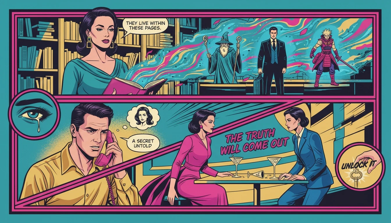 A person finding themselves in the stories they read, with glowing representations of INFJ fictional characters appearing from a book in a library. Filename: infj-fictional-characters-bestie-ai.webp