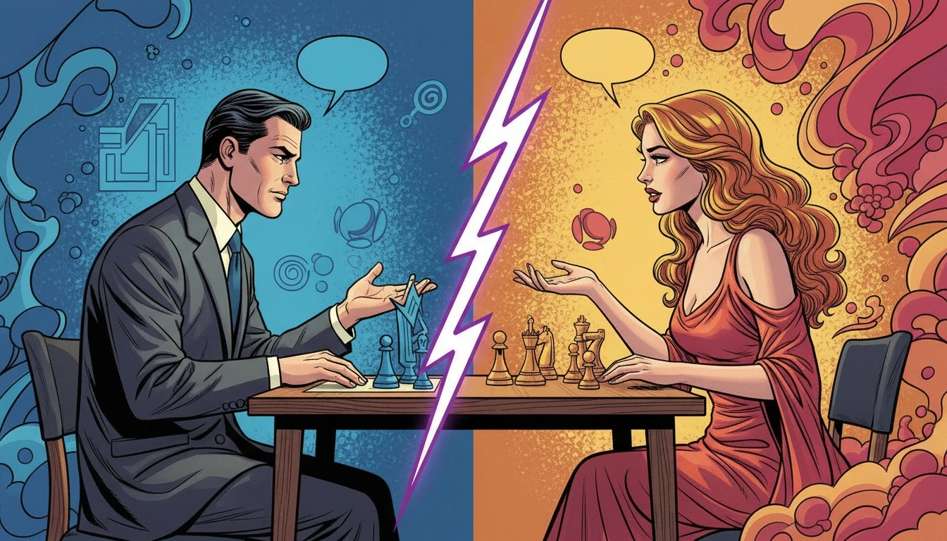 A symbolic representation of infj intj compatibility, showing two figures bridging a divide between a world of cool logic and warm emotion, representing their unique and intense connection. Filename: infj-intj-compatibility-bestie-ai.webp