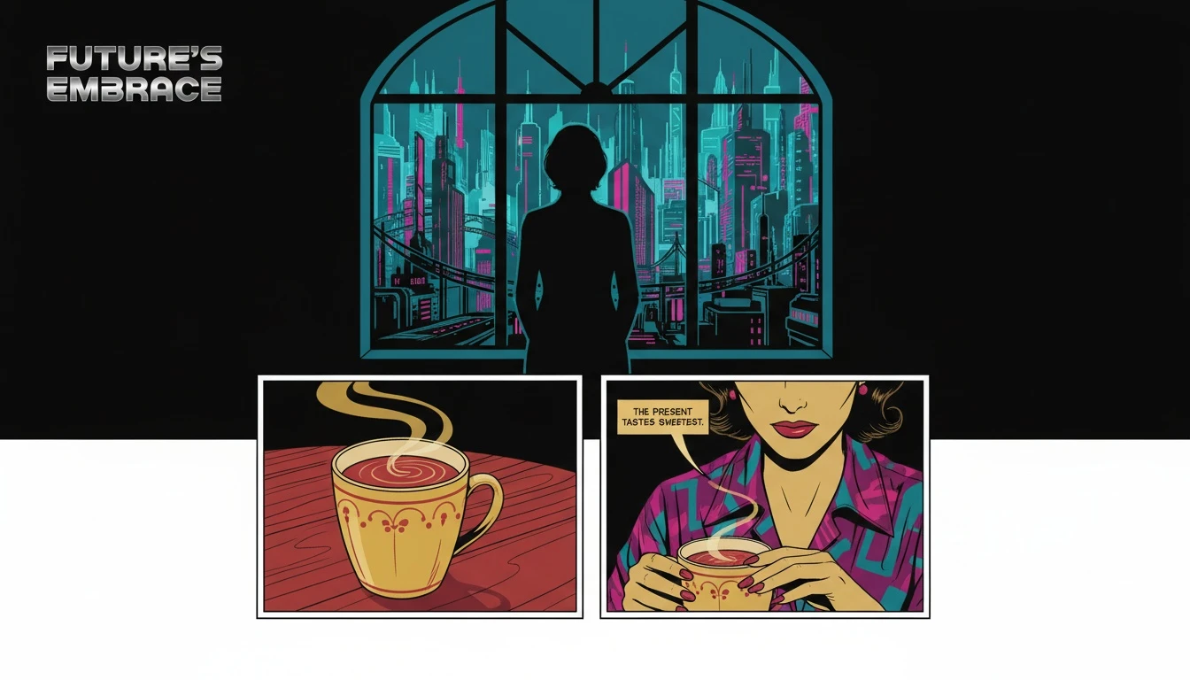 A person contemplates their INFJ overactive introverted intuition, represented by a complex futuristic city outside their window, while a simple cup of tea grounds them in the present moment. Filename: infj-overactive-introverted-intuition-bestie-ai.webp