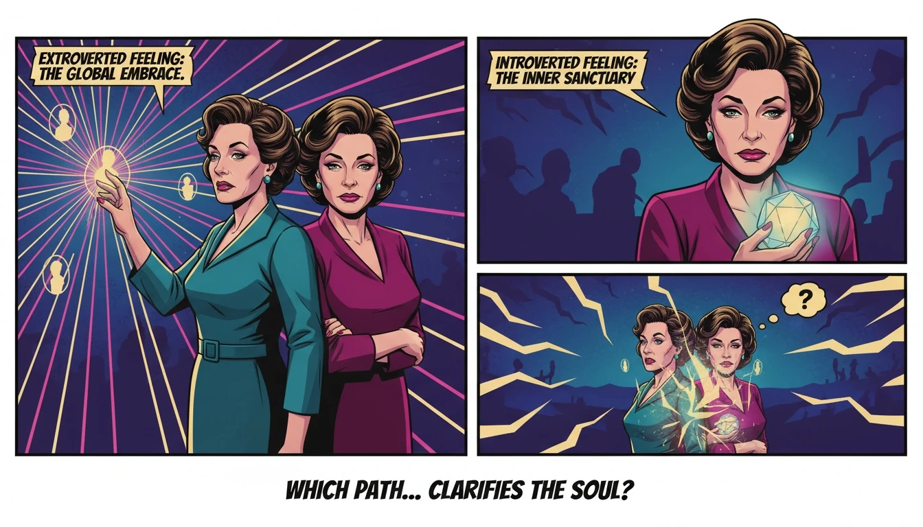 A symbolic image illustrating the INFJ vs INFP differences, with one person connecting to an external emotional web and the other holding an internal value orb. filename: infj-vs-infp-differences-bestie-ai.webp