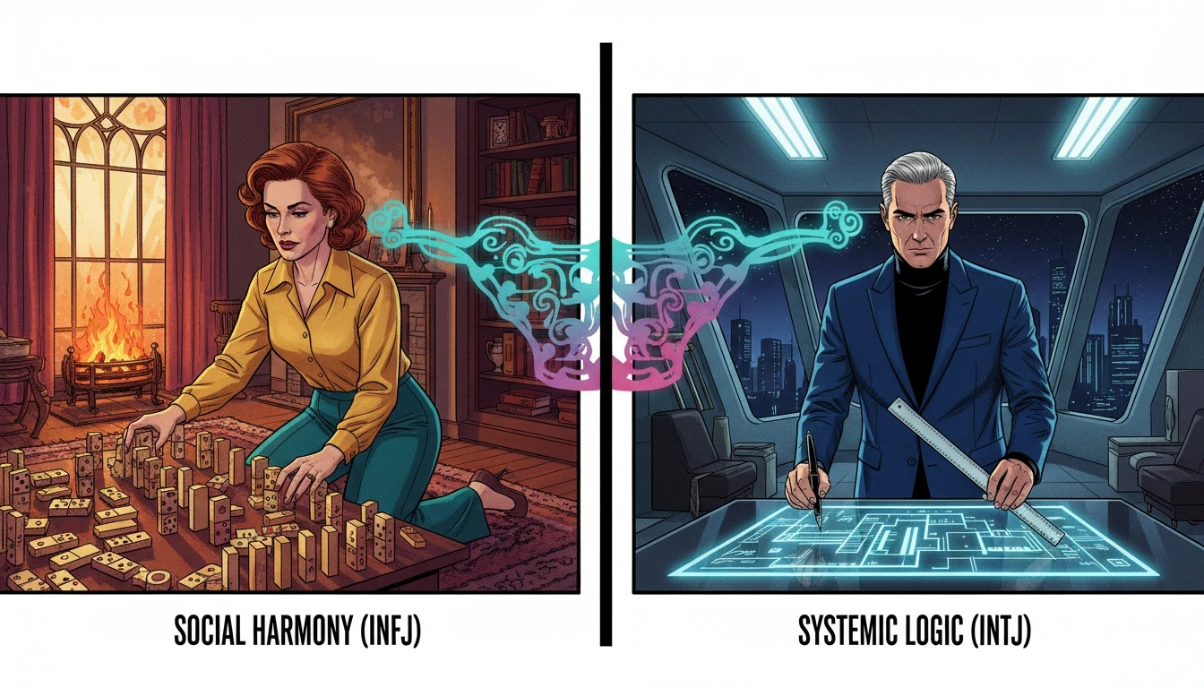A conceptual image illustrating the core infj vs intj differences, with one side showing a person arranging dominoes for harmony and the other architecting a logical blueprint. Filename: infj-vs-intj-differences-bestie-ai.webp