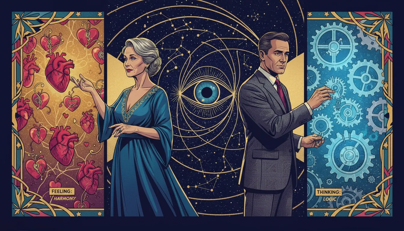 A symbolic image illustrating the core infj vs intj differences, with one side showing a network of hearts (Fe) and the other showing clockwork gears (Te), representing their distinct approaches to the world. Filename: infj-vs-intj-differences-bestie-ai.webp