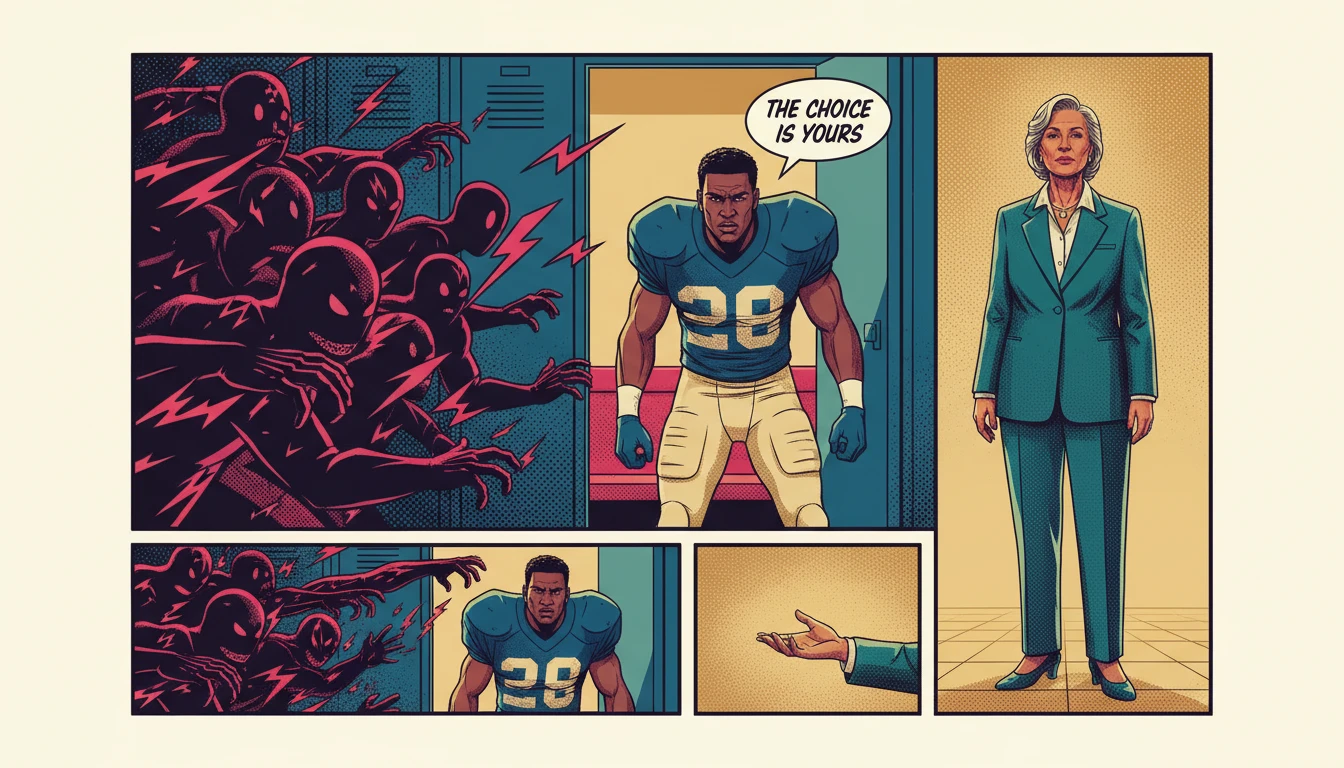 The influence of peer groups on behavior illustrated by an athlete choosing between chaotic and supportive social circles in a moody locker room-bestie-ai.webp