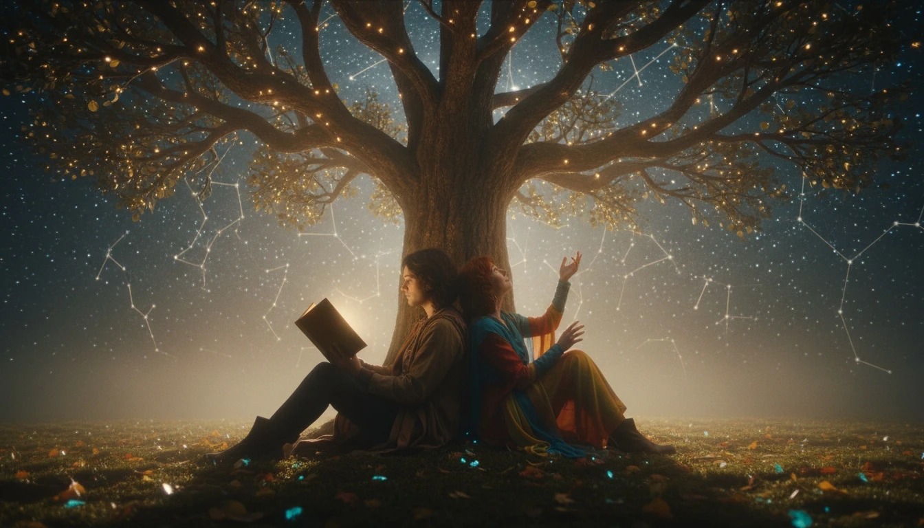 A symbolic image representing the deep infp and enfp friendship psychology, with two figures finding mutual understanding and wonder under a magical, glowing tree. infp-and-enfp-friendship-psychology-bestie-ai.webp
