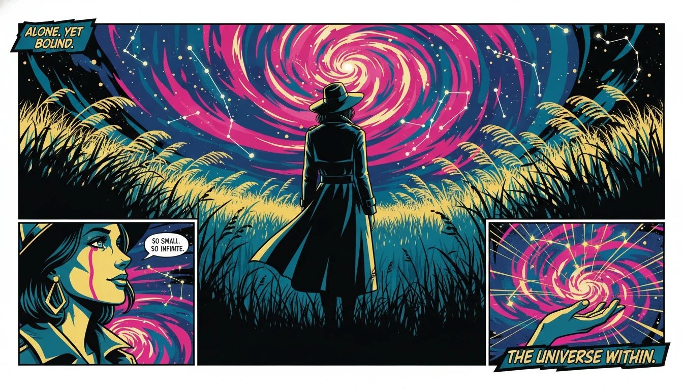 A person symbolizing the deep inner world of an INFP feeling like an outsider, finding peace by looking at a vast, starry sky. filename: infp-feeling-like-an-outsider-bestie-ai.webp