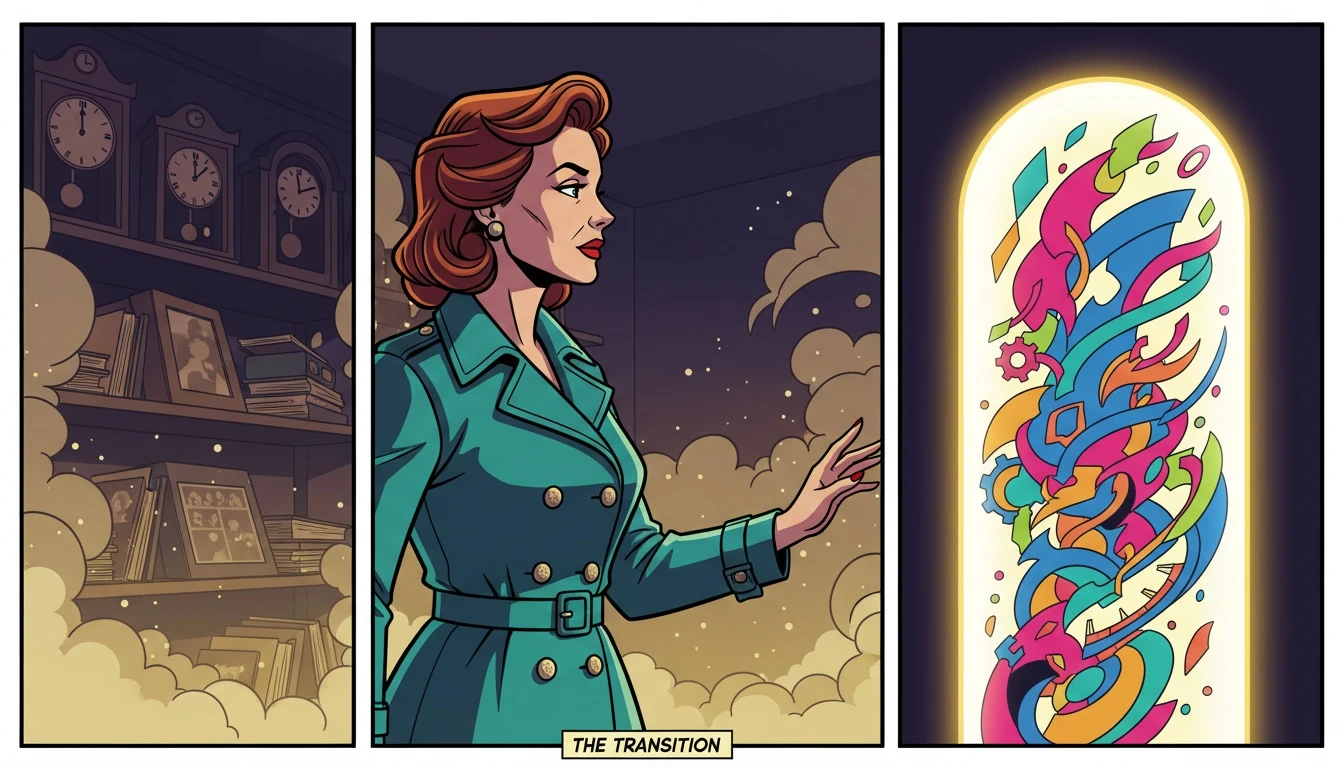 An illustration showing a person breaking free from the INFP Fi-Si loop, leaving a room of past memories for a doorway of future possibilities. infp-fi-si-loop-bestie-ai.webp