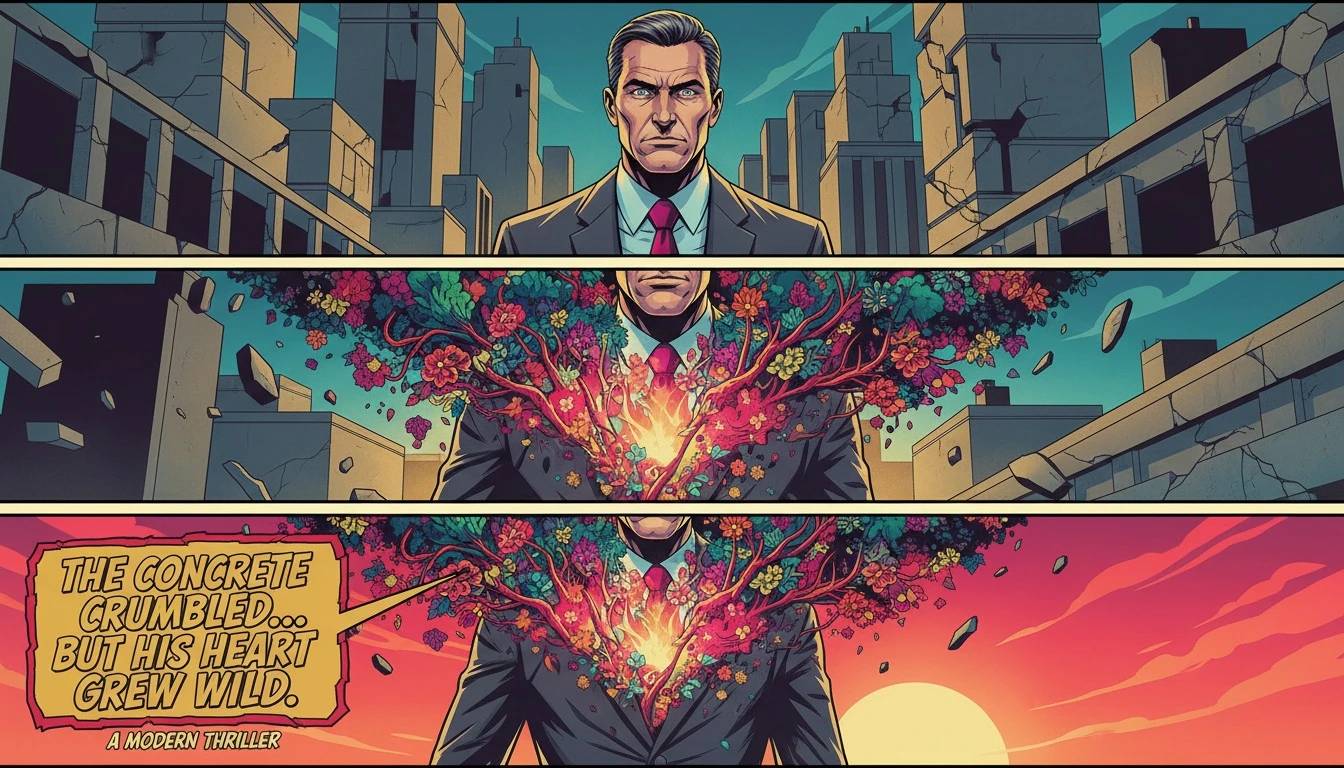 A symbolic image representing the infp male personality, with a vibrant, natural inner world breaking through a rigid, concrete exterior. filename: infp-male-personality-bestie-ai.webp