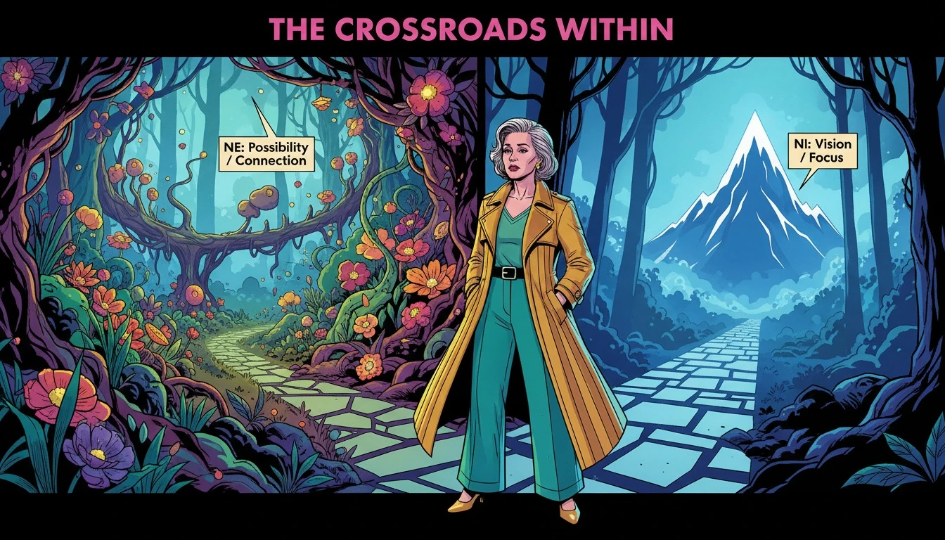 A symbolic image illustrating the infp vs infj career choice, showing a path splitting into a sprawling, idea-filled garden versus a focused trail toward a single goal. Filename: infp-vs-infj-career-bestie-ai.webp