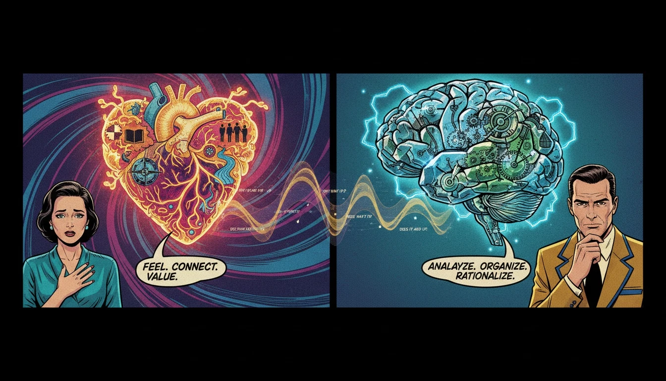 A symbolic image illustrating the core INFP vs INTP differences, showing a glowing heart of values next to a logical clockwork brain, representing the conflict between Fi and Ti. filename: infp-vs-intp-differences-bestie-ai.webp