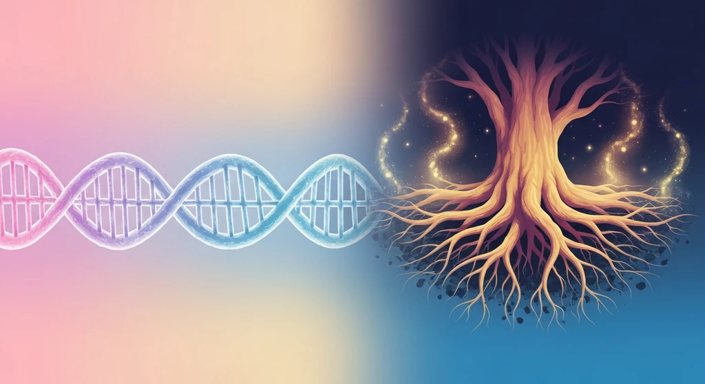 DNA strands morphing into family tree roots representing the science of inherited trauma - inherited-trauma-bestie-ai.webp