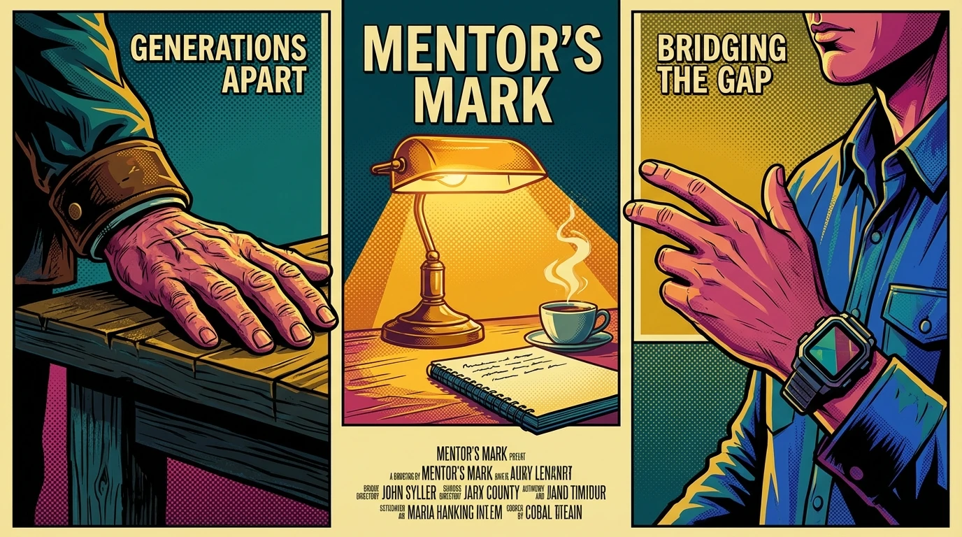 A symbolic image representing intergenerational-respect-in-the-workplace-sam-elliott-bestie-ai.webp showing an older and younger hand collaborating over a table, inspired by the dynamic of Sam Elliott.