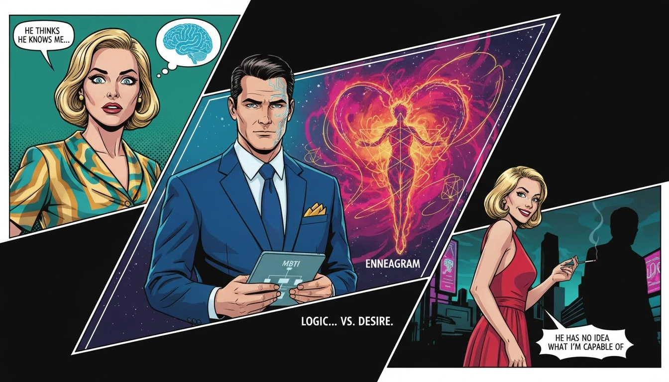 A symbolic image representing the INTJ enneagram type correlation, with a glowing brain blueprint signifying MBTI and a cosmic heart nebula showing Enneagram motivations. Filename: intj-enneagram-type-correlation-bestie-ai.webp