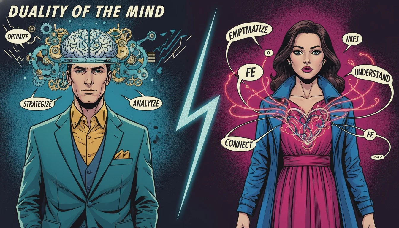 A conceptual image illustrating the core INTJ vs INFJ differences, with a mechanical brain for logic and a networked heart for empathy, helping to clarify one's personality type. a-visual-guide-to-intj-vs-infj-differences-bestie-ai.webp