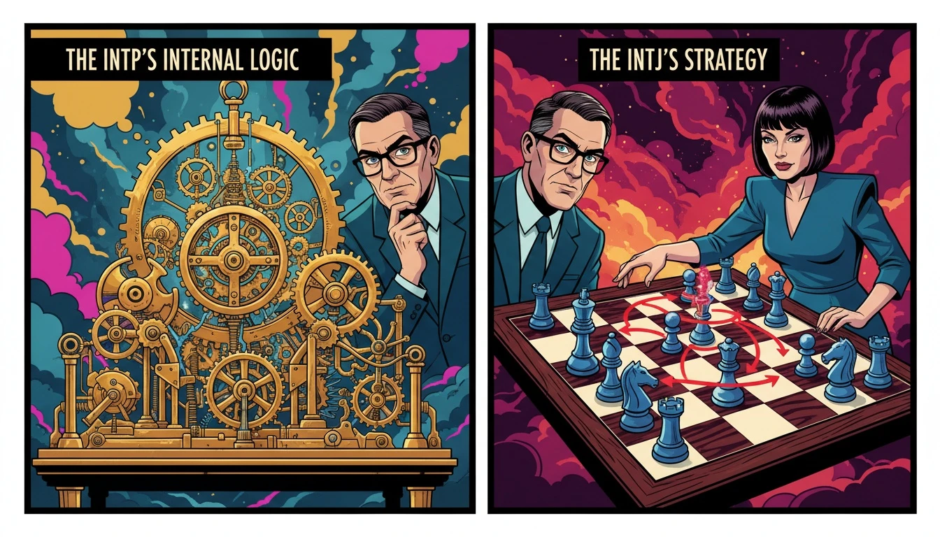 A symbolic visualization of the INTJ vs INTP differences, showing a complex clockwork brain on one side and a strategic chessboard on the other. filename: intj-vs-intp-differences-bestie-ai.webp