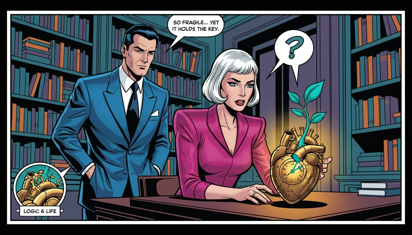 A symbolic representation of INTJ weaknesses, showing a complex mechanical heart protecting a fragile green sprout, illustrating the vulnerability of the INTJ inner child. Filename: intj-weaknesses-inner-child-bestie-ai.webp