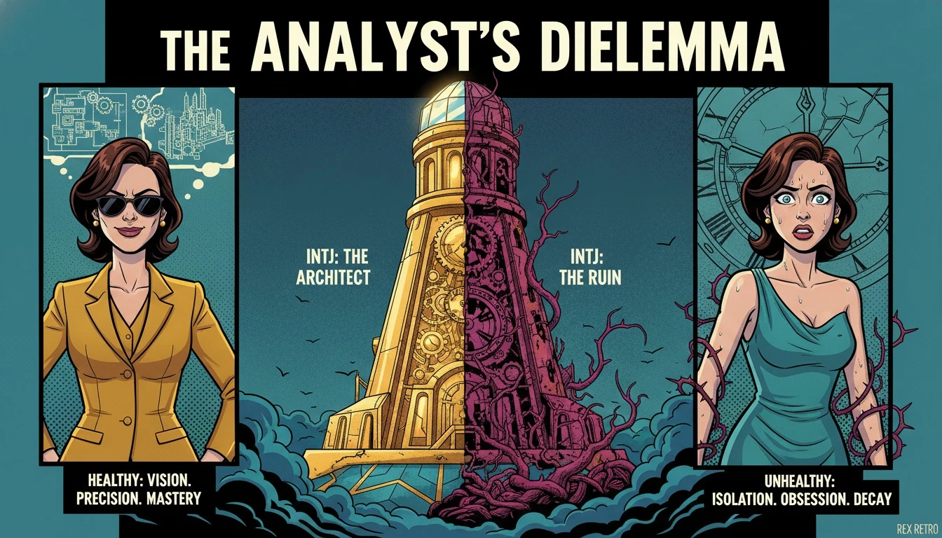 An intricate clockwork tower symbolizing the common INTJ weaknesses, showing one side healthy and glowing and the other side rusted and decaying. Filename: intj-weaknesses-unhealthy-traits-bestie-ai.webp