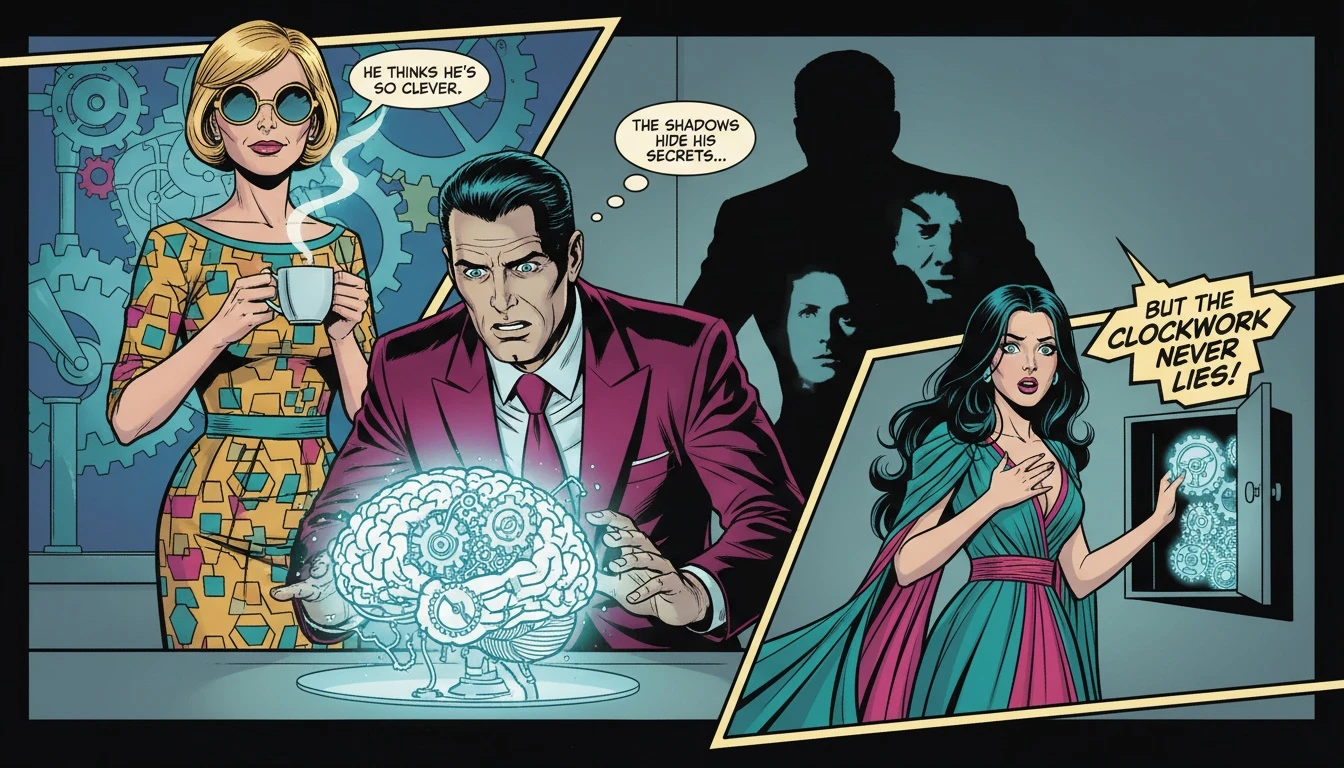 A symbolic image representing the intp dark side traits, showing an illuminated clockwork brain casting a complex and troubled shadow, illustrating how strengths can become weaknesses. Filename: intp-dark-side-traits-bestie-ai.webp