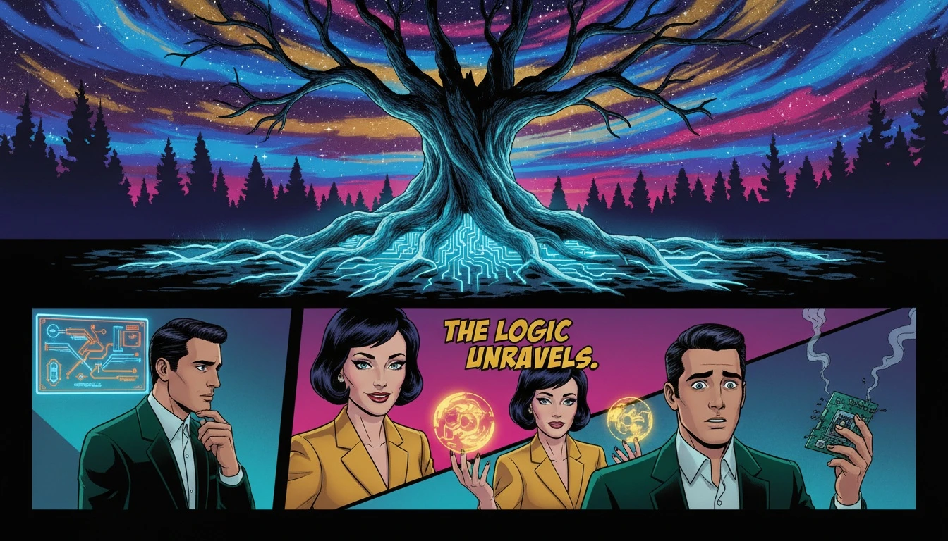 An artistic representation of INTP personality development, showing a tree with glowing logical roots and branches reaching for a starry sky, symbolizing the growth from inner analysis to expansive ideas. Filename: intp-personality-development-bestie-ai.webp