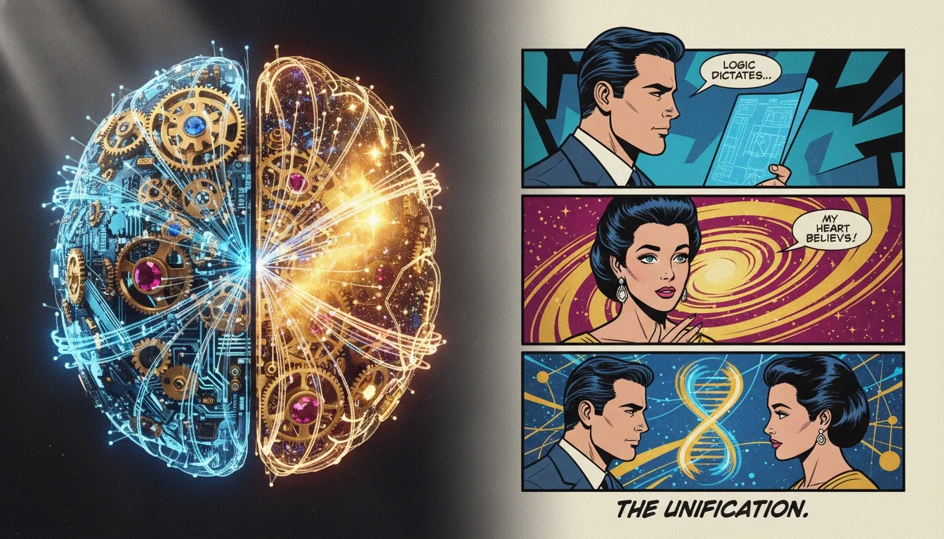 A symbolic image representing the complexity of INTP religious beliefs, showing a brain split between logical clockwork and a spiritual nebula. intp-religious-beliefs-bestie-ai.webp