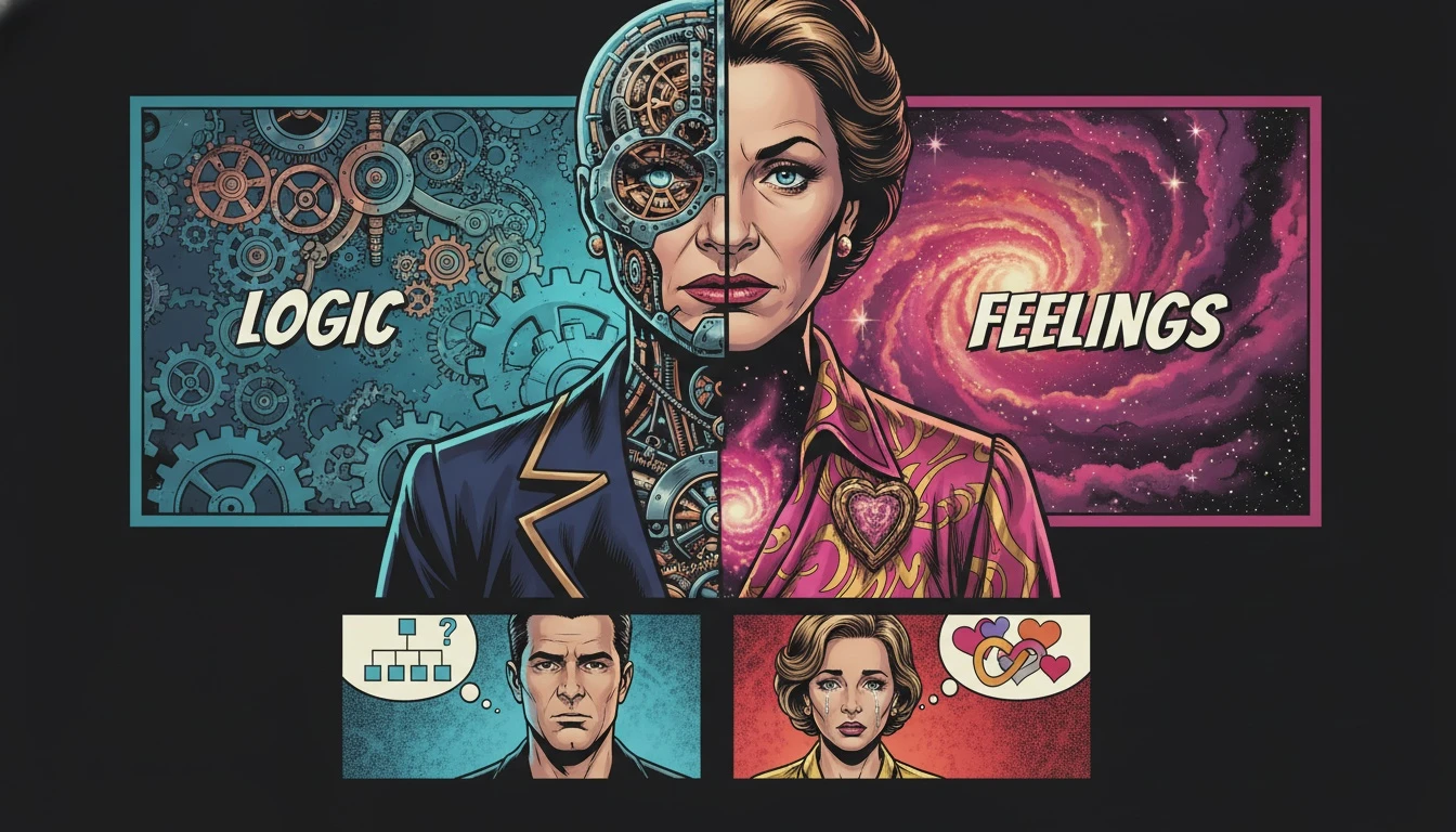 A symbolic image illustrating the INTP vs INFP differences, showing a person's profile split between a logical clockwork brain and an emotional, cosmic heart. Filename: intp-vs-infp-differences-bestie-ai.webp