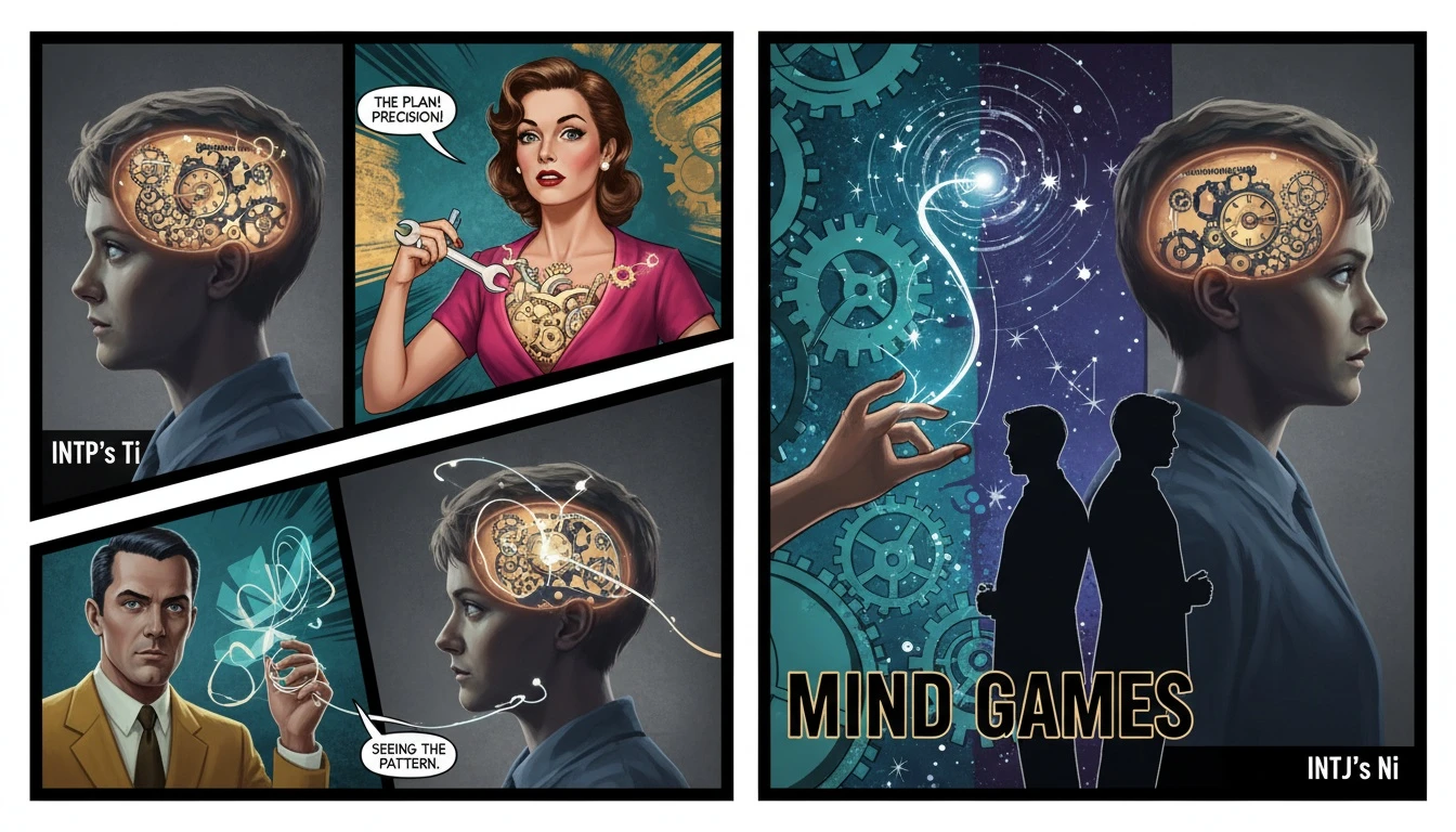 A symbolic representation of the intp vs intj cognitive functions, showing one mind building an internal logical system and another perceiving a single path through a complex future. intp-vs-intj-cognitive-functions-bestie-ai.webp