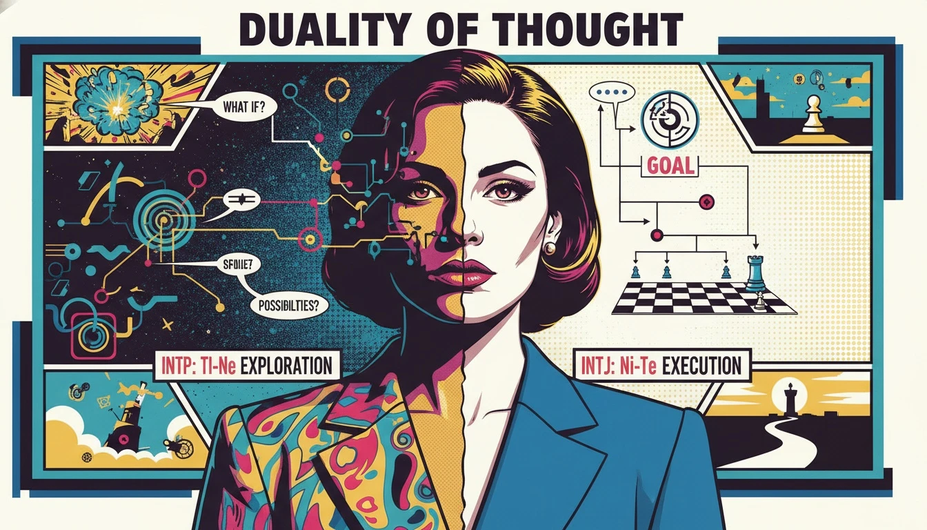 A symbolic image illustrating the core INTP vs INTJ differences, showing a face split between chaotic exploratory thought and focused, linear planning to represent distinct thinking personality types. filename: intp-vs-intj-differences-bestie-ai.webp
