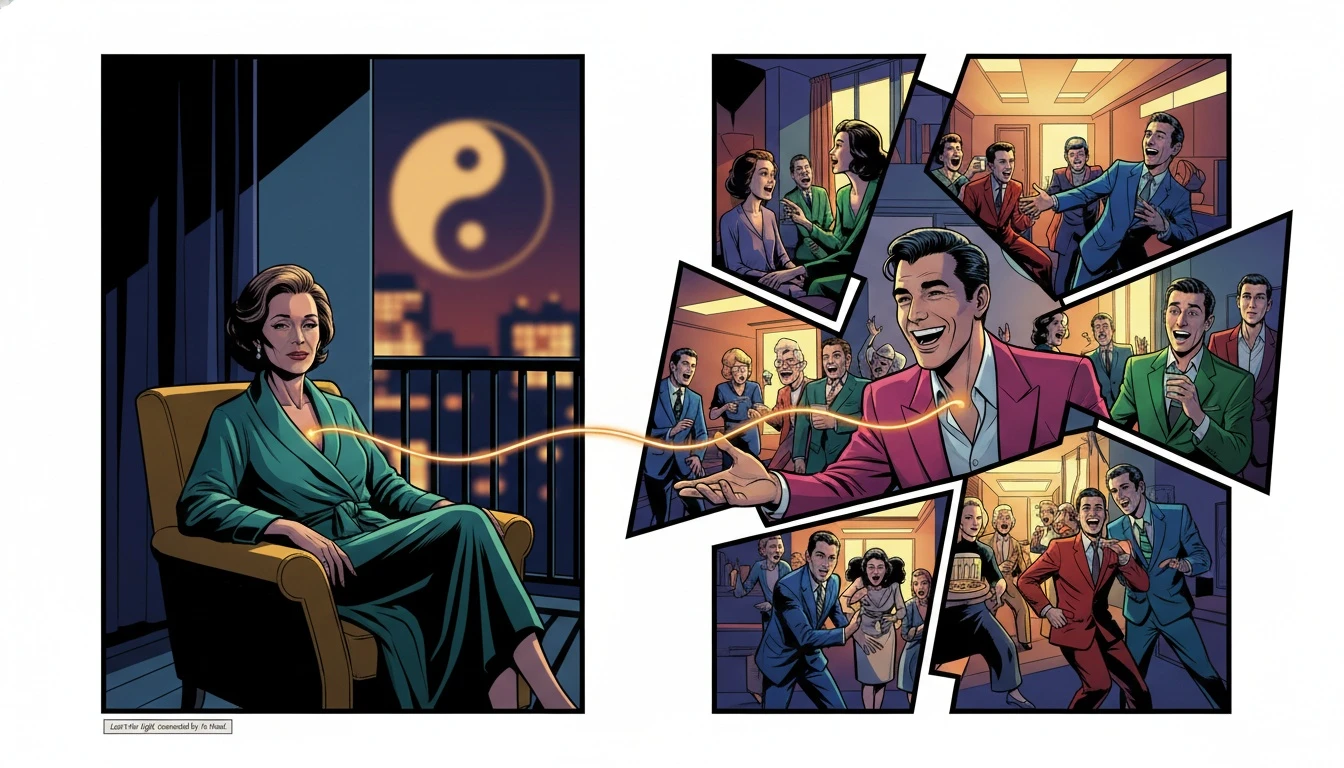 An illustration showing the hopeful connection and introvert extrovert relationship dynamics, with a quiet person on a balcony linked by light to a vibrant party scene. Filename: introvert-extrovert-relationship-dynamics-bestie-ai.webp