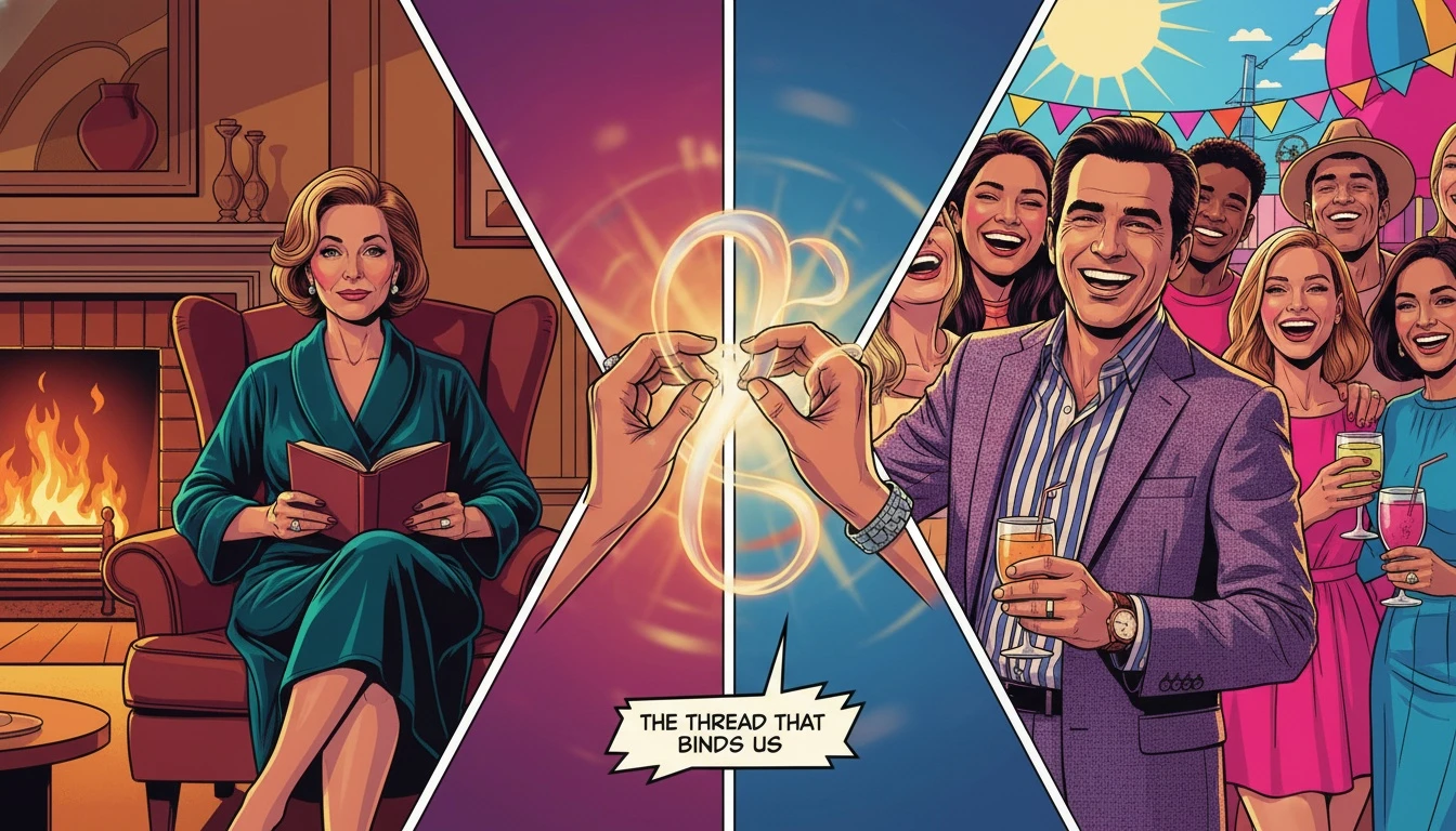 A symbolic image representing introvert extrovert friendship dynamics, showing a quiet, cozy scene and a vibrant social scene connected by a glowing thread of friendship. introvert-extrovert-friendship-dynamics-bestie-ai.webp