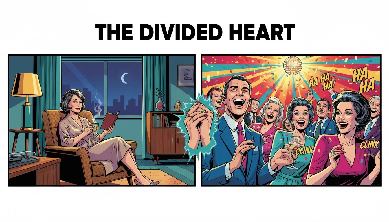 Two hands connect over scenes depicting different social energies, symbolizing the balance needed to solve introvert extrovert relationship problems. Filename: introvert-extrovert-relationship-problems-bestie-ai.webp