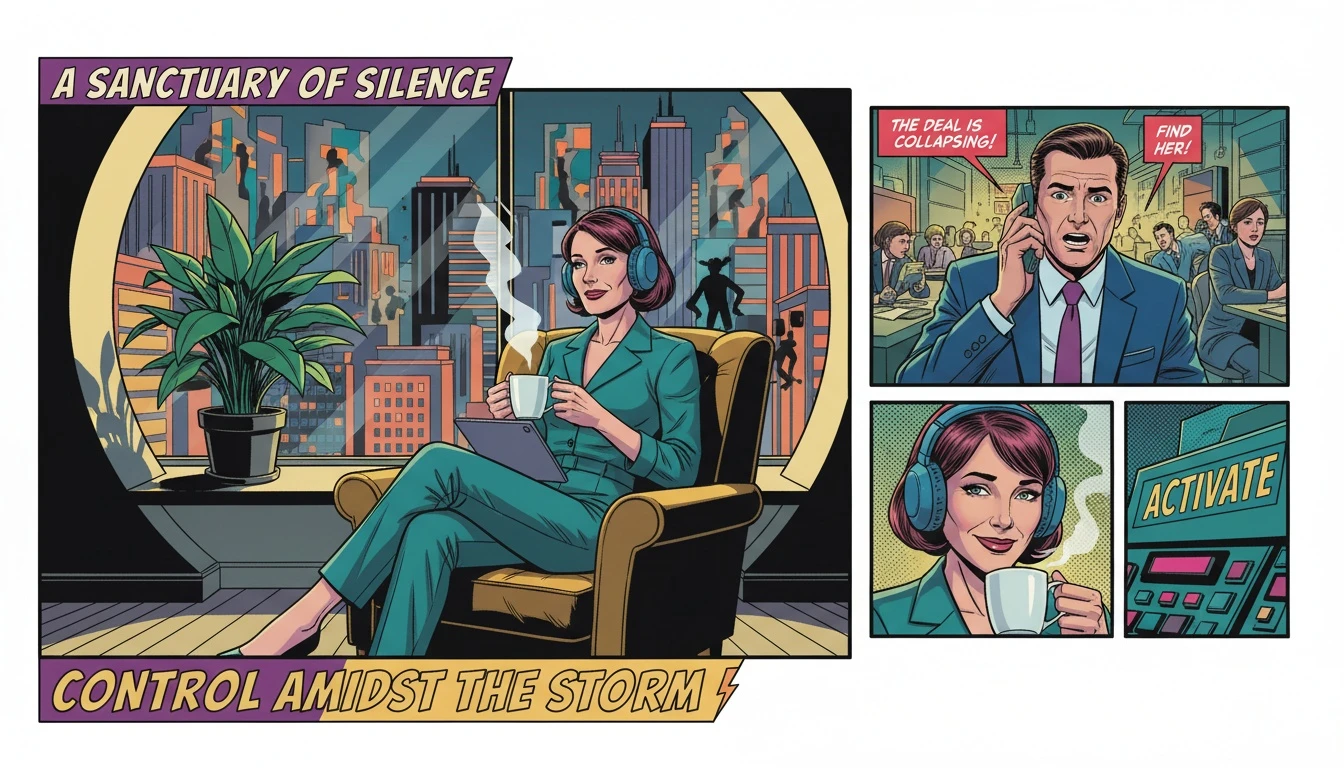 A calm person finding a moment of peace, representing a practical introvert survival guide for the office. filename: introvert-survival-guide-for-the-office-bestie-ai.webp