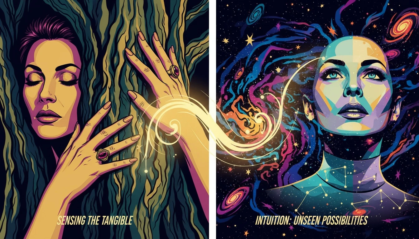 An artistic representation of intuition vs sensing, where one hand feels the concrete reality of a tree's bark while the other side shows the abstract patterns of the cosmos. Image for an article on what is the difference between sensing and intuition. Filename: intuition-vs-sensing-cognitive-functions-bestie-ai.webp