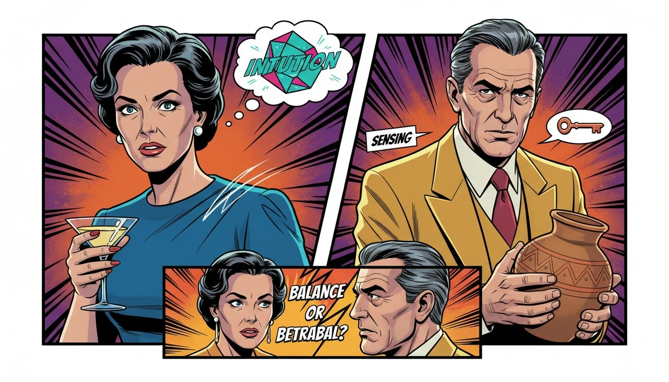 A symbolic image showing the balance of Sensing vs Intuition, challenging the intuitive bias in the mbti community by depicting two hands, one holding an earthy object and the other an abstract one, both equally valued. Filename: intuitive-bias-in-mbti-community-bestie-ai.webp