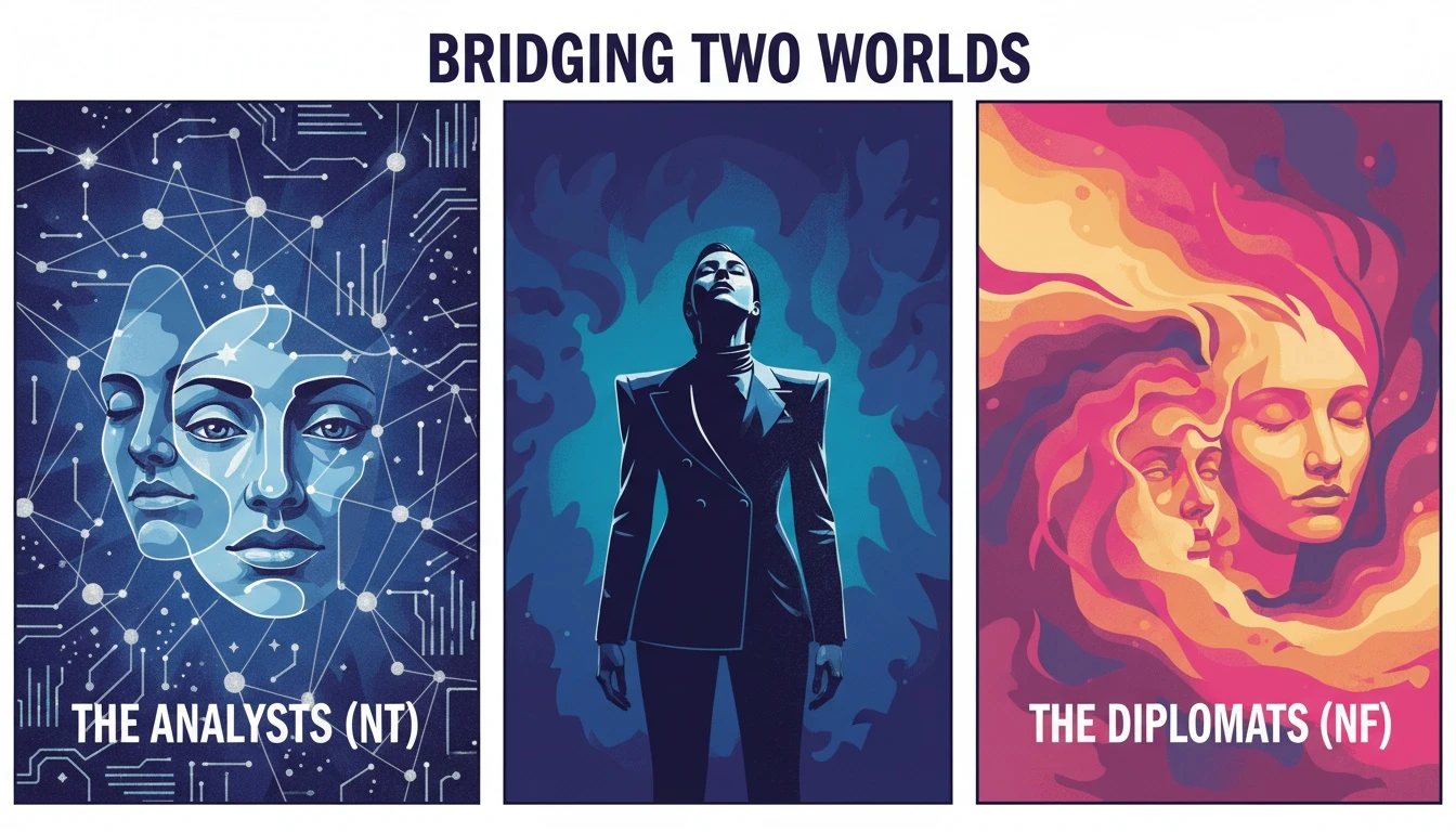 A symbolic representation of the two main groups of intuitive personality types, the logical Analysts and the empathetic Diplomats, showing how they explore abstract concepts. Filename: intuitive-personality-types-guide-bestie-ai.webp