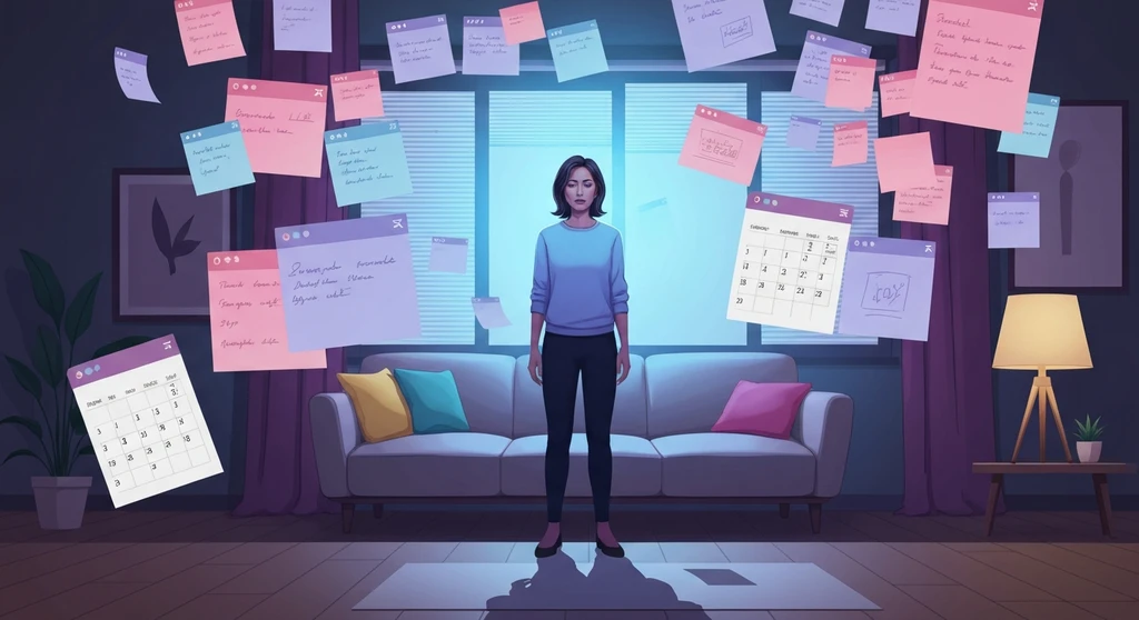 A woman surrounded by glowing holographic notes symbolizing the invisible labor and mental load in a household-bestie-ai.webp