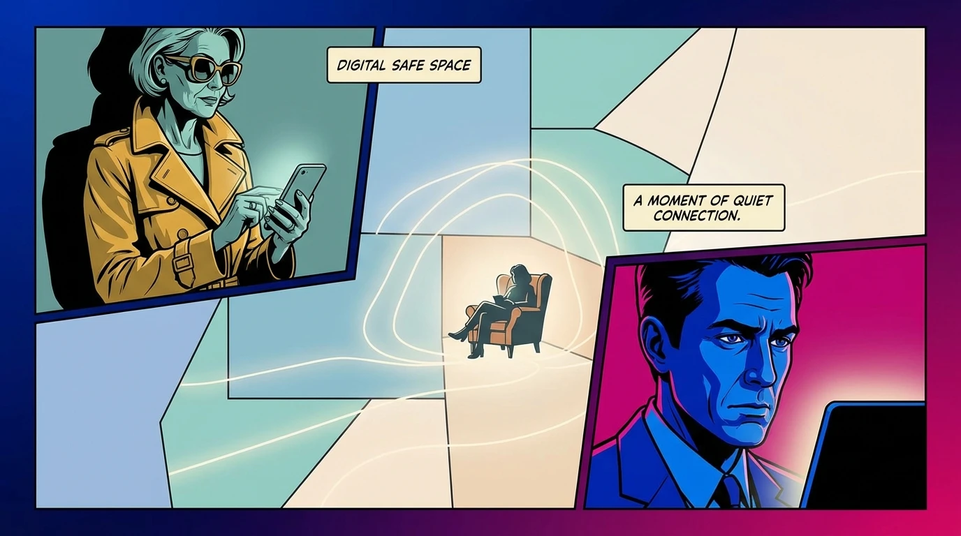 A symbolic image showing a person in a calm space, interacting with a glowing phone, representing the safe and effective connection found in AI DBT therapy. Filename: is-ai-dbt-therapy-legitimate-bestie-ai.webp