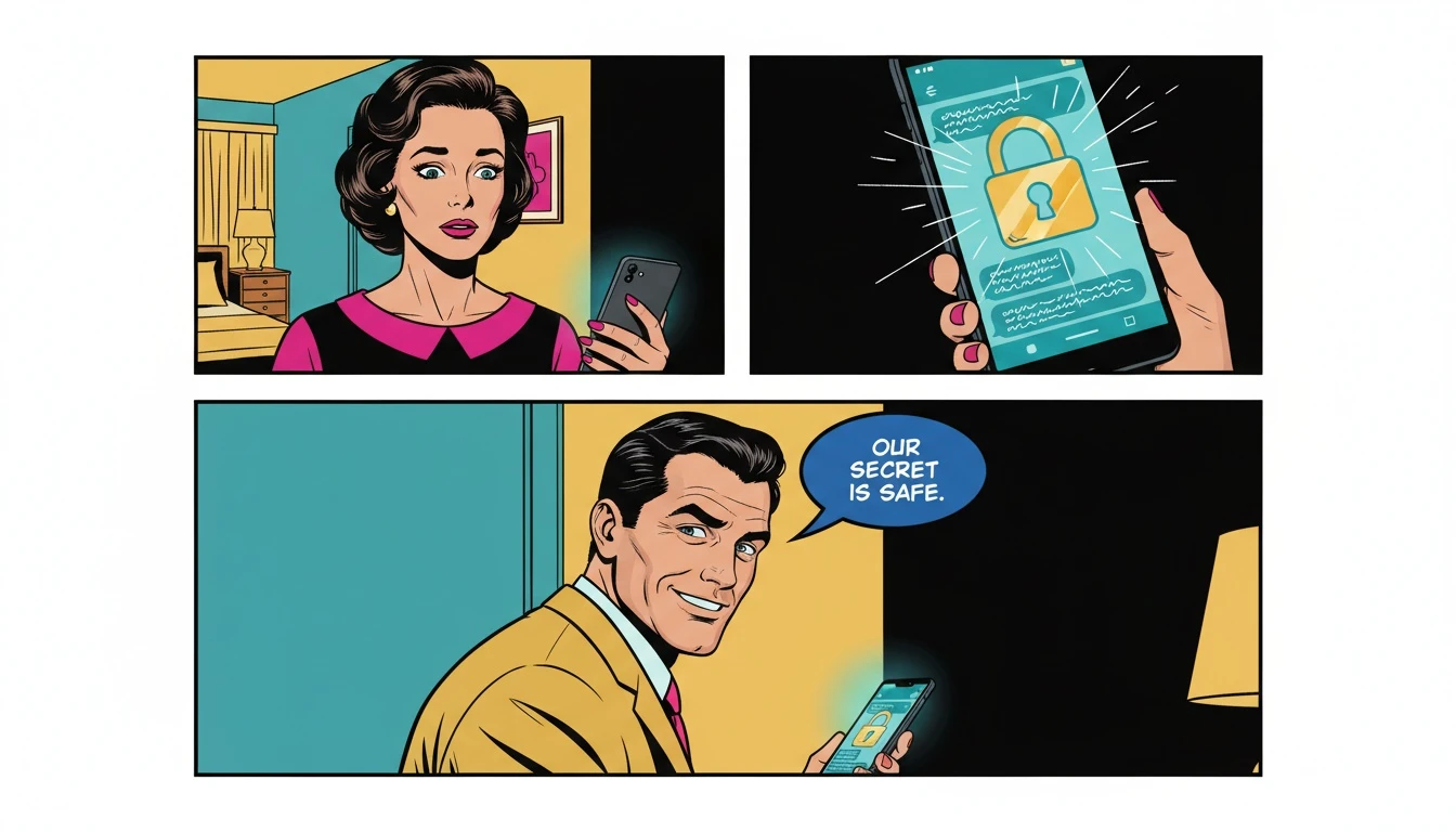 A person in a dark room wonders 'is ai therapy safe and confidential' while looking at a chat on their phone, which is protected by a glowing padlock icon. Filename: is-ai-therapy-safe-and-confidential-bestie-ai.webp