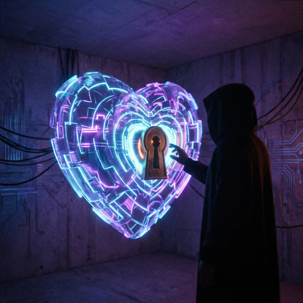A symbolic image representing the question 'is FantasyGF safe,' showing a glowing digital heart with a keyhole to illustrate data privacy and security on AI companion apps. File: is-fantasygf-safe-bestie-ai.webp