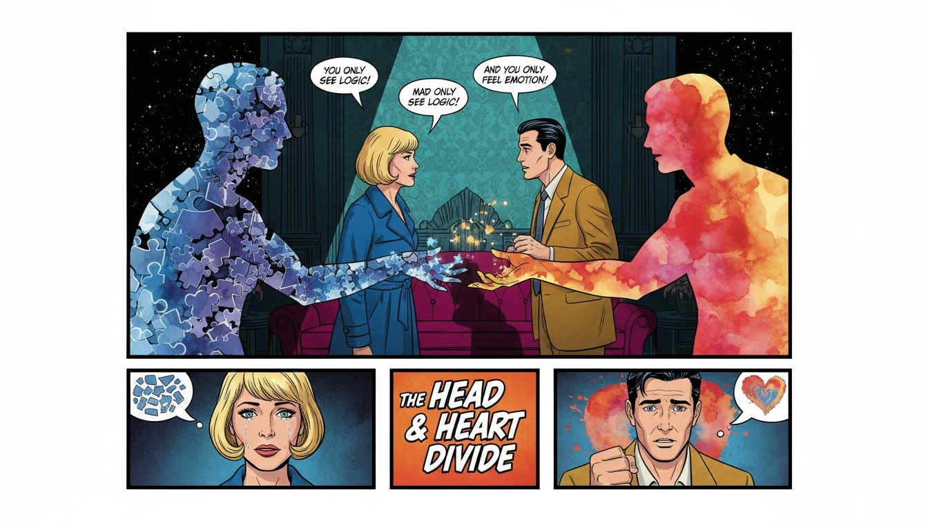 Symbolic image exploring MBTI compatibility, showing a logical puzzle-piece figure and an emotional watercolor figure reaching for each other against a cosmic backdrop. Filename: is-mbti-compatibility-real-psychology-bestie-ai.webp