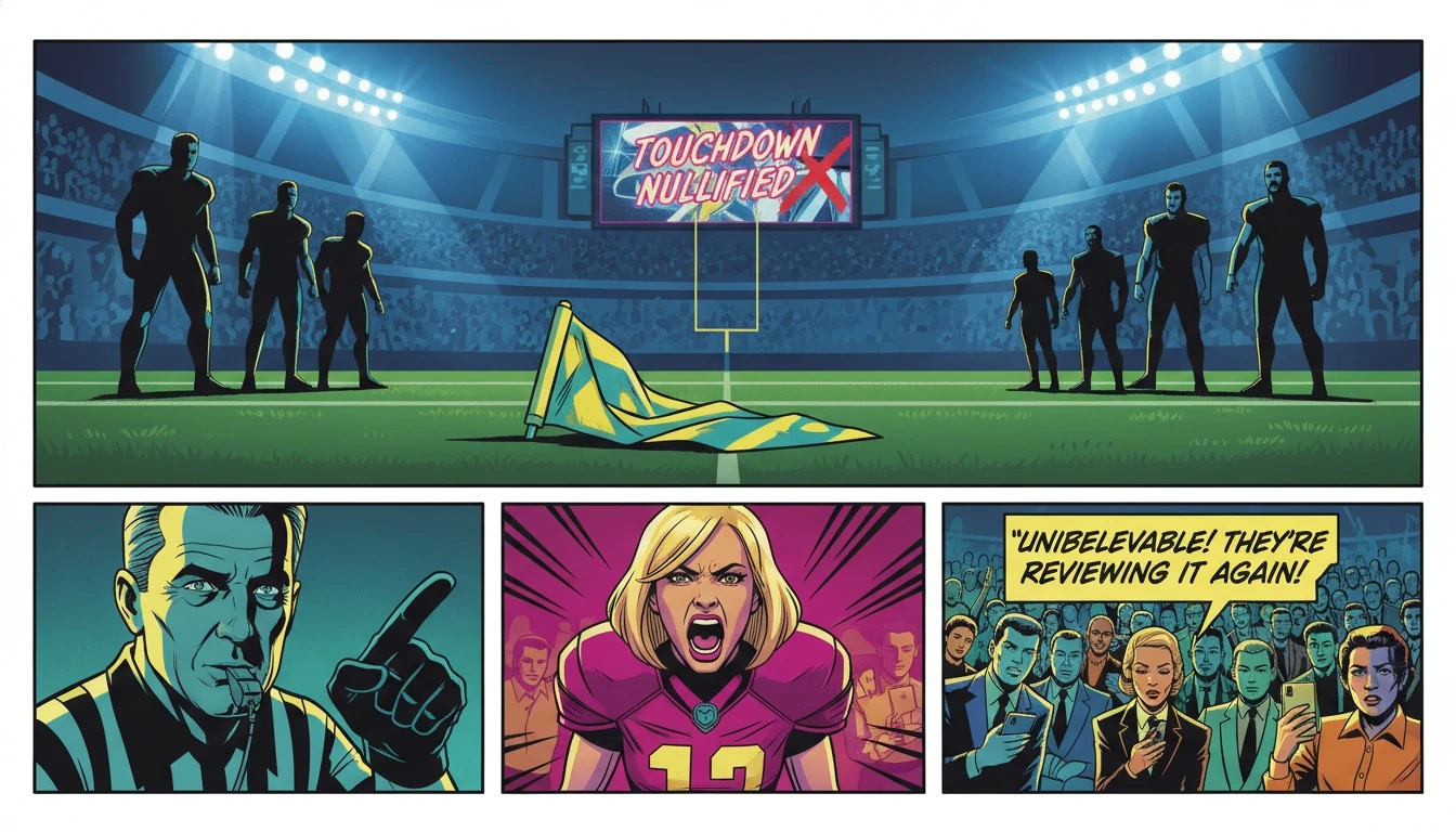 A yellow penalty flag on a football field, symbolizing the controversial Isaac TeSlaa OPI penalty explained in the article, with a blurred stadium in the background. Filename: isaac-teslaa-opi-penalty-explained-bestie-ai.webp