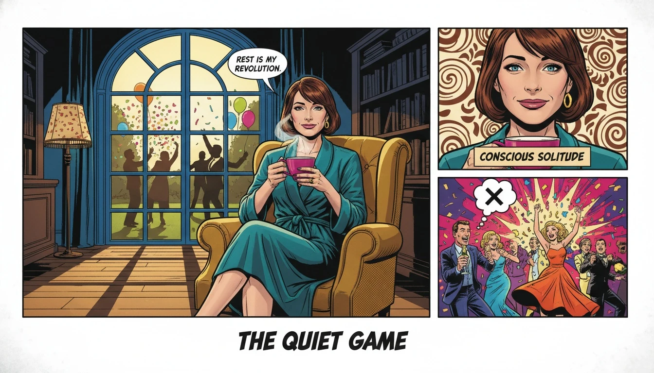 A person illustrating the ISFJ need for quiet solitude, recharging peacefully indoors while observing a social gathering from a distance. isfj-social-needs-loner-bestie-ai.webp